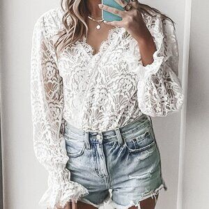 White Boho Lace Bodysuit - Size L